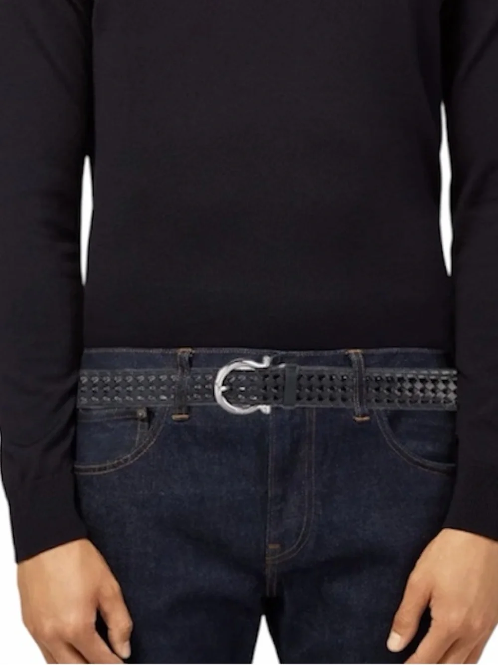 Salvatore Ferragamo Black Woven Leather Belt with Silver Buckle